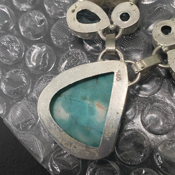 Genuine Turquoise Sterling Silver Necklace Mother of Pearl & Blue Quartz Stones - Picture 9 of 11